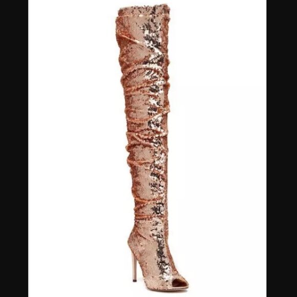 ROSE GOLD- "ESSENTIAL ELEGANCE"Over The Knee High  Sequins Peep Toe ( BRAND NEW! - Picture 1 of 3